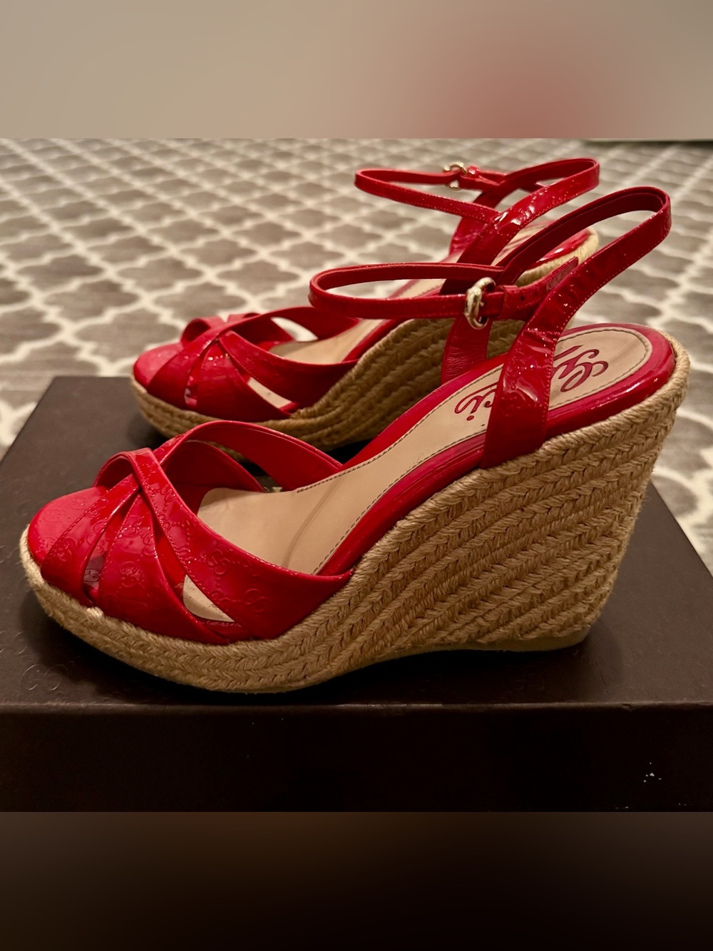 Gucci Red Patent Espadrille Wedge Sandals with Ankle Strap